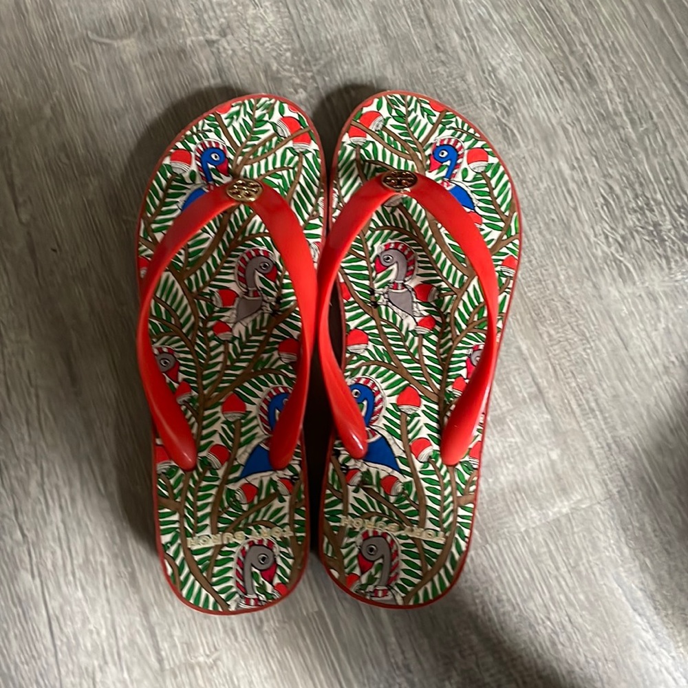 Tory Burch Red Tropical Parrot Flip Flop Sandals